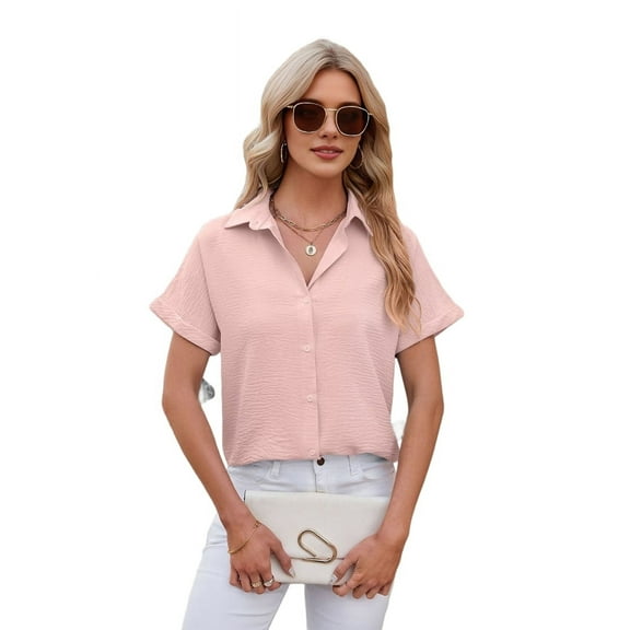 Womens Short Sleeve Button Down Shirt Pink M