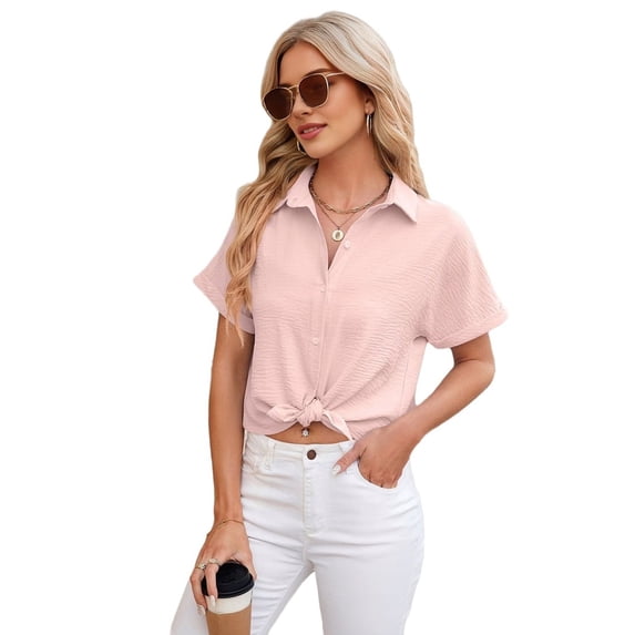Womens Short Sleeve Button Down Shirt Pink XL