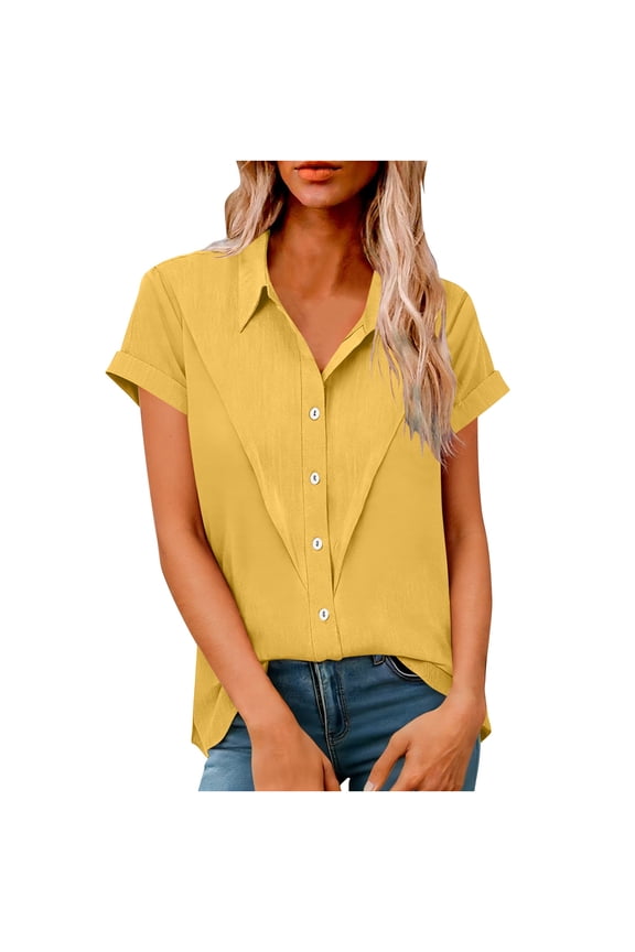 Womens Short Sleeve Button Down Shirts Casual V Neck Collared Blouses Solid Color Work Tops Yellow