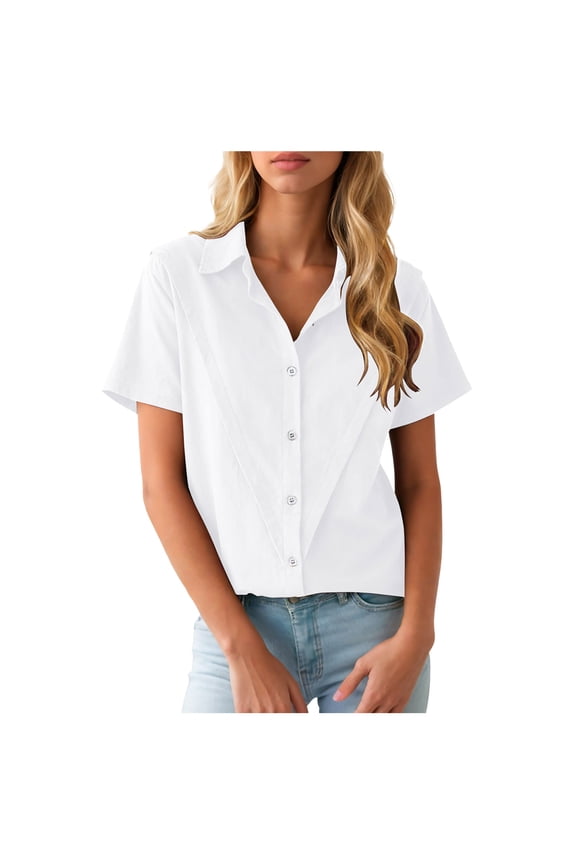 Womens Short Sleeve Button Down Shirts Casual V Neck Collared Blouses Work Tops (White, XL)