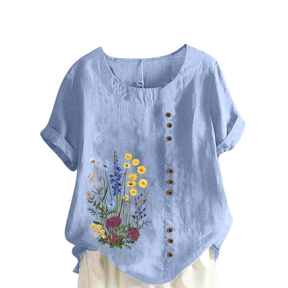 Womens Short Sleeve Button Down Shirts Cotton Linen Roll Up Short Sleeve Tops Crew Neck Casual Loose Fit Blouses