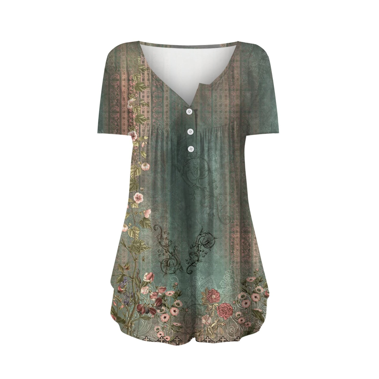 Womens Short Sleeve Button Neck Flower Printed Pleated T Shirt Top ...