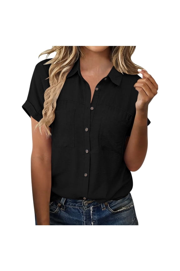 Womens Short Sleeve Button Up Shirt, Relaxed Fit Casual Work Shirt, 100% Polyester Wrinkle Resistant Top with Pockets, for Women Casual Work Office, Black,Size M