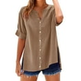thumbnail image 1 of Womens Short Sleeve Button Down Shirts! Comdrip Loose Shirt Top Stand Solid Color Sleeve Collar Casual Women's Shirt Women's Shirt Short Sleeve Button Down Women Brown 2XL, 1 of 7