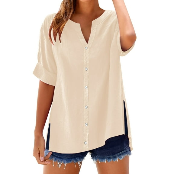 Womens Short Sleeve Button Down Shirts! Comdrip Loose Shirt Top Stand Solid Color Sleeve Collar Casual Women's Shirt Women's Shirt Short Sleeve Button Down Women Beige M