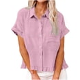 thumbnail image 1 of Womens Short Sleeve Button Down Shirts Summer Blouse, Casual Loose Fit Solid Collared Button Up Tops with Pocket Ruffle Frill Hem 2026 Fashion Lightweight Wrinkle Free, 1 of 8