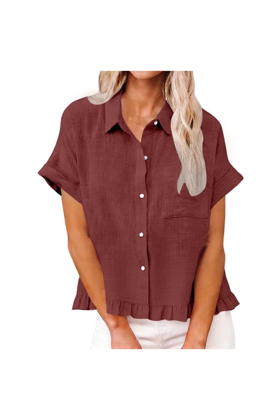 Womens Short Sleeve Button Down Shirts Summer Blouse, Casual Loose Fit Solid Collared Button Up Tops with Pocket Ruffle Frill Hem 2026 Fashion Lightweight Wrinkle Free