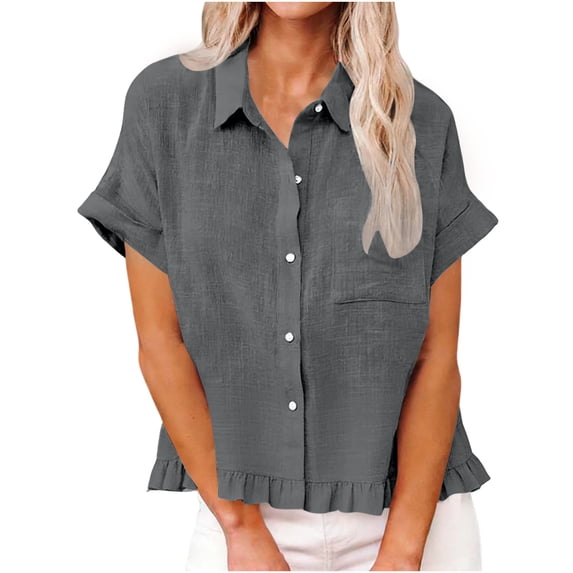 Womens Short Sleeve Button Down Shirts Summer Blouse, Casual Loose Fit Solid Collared Button Up Tops with Pocket Ruffle Frill Hem 2026 Fashion Lightweight Wrinkle Free