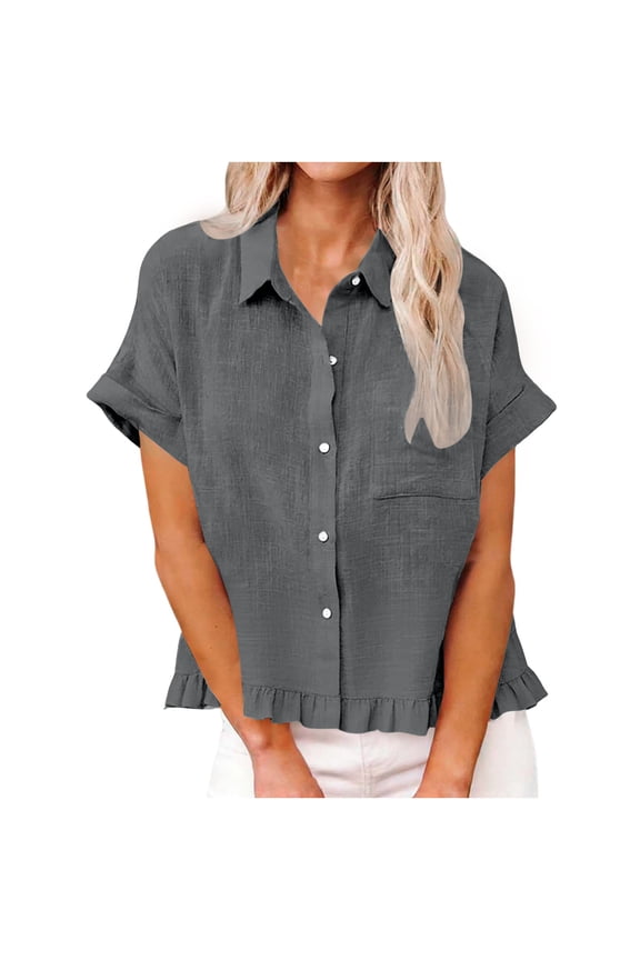 Womens Short Sleeve Button Down Shirts Summer Blouse, Casual Loose Fit Solid Collared Button Up Tops with Pocket Ruffle Frill Hem 2026 Fashion Lightweight Wrinkle Free