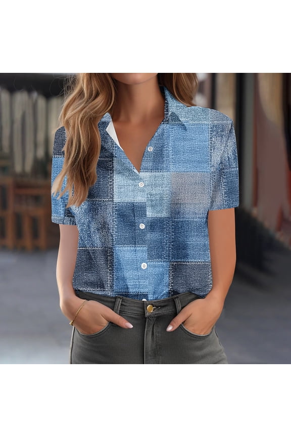 Womens Short Sleeve Button Up Shirt, Blue Denim Patchwork Plaid Relaxed Fit Top, Comfort Stretch Casual Wrinkle Resistant Blouse,Size M
