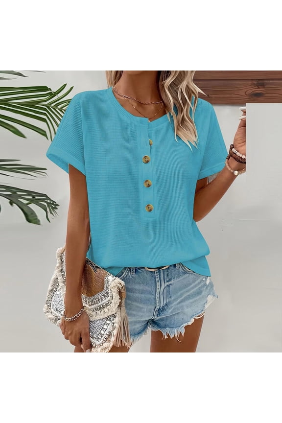Womens Short Sleeve Button Up Top - Relaxed Fit Ribbed Knit Casual Shirt, Turquoise Blue Summer Boho Blouse,Size S
