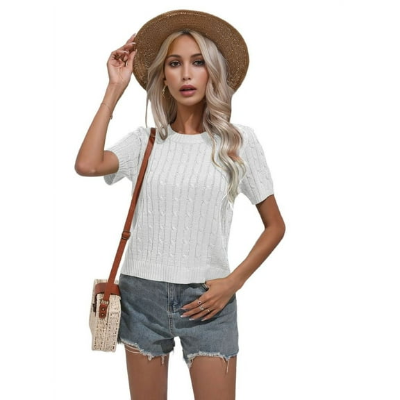 Womens Short Sleeve Cable Knit Sweater Tops Crewneck Spring Summer Shirts Business Dressy Casual Outfits White XL