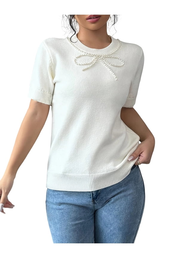 Womens Short Sleeve Cable Knit Sweater Tops Crewneck Spring Summer Shirts White XL