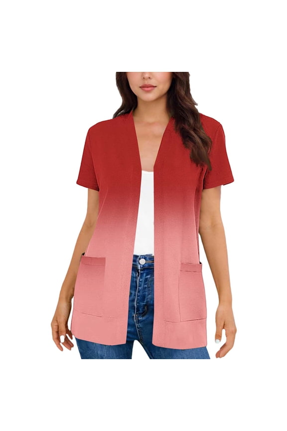 Womens Short Sleeve Cardigan, Red Ombre Open Front, Soft Stretchy with Pockets, Tunic Length Casual Everyday Wear for Women,Size XL