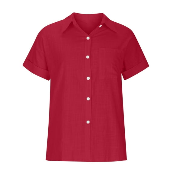 Womens Short Sleeve Casual Button Down Shirts Solid Color Summer Soft Cotton Blouses Tops With Pocket B-Red