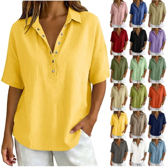 Womens Short Sleeve Casual Button Down Shirts Summer Soft Fashion Cotton Linen Blouses Tops