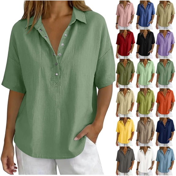 Womens Short Sleeve Casual Button Down Shirts Summer Soft Fashion Cotton Linen Blouses Tops