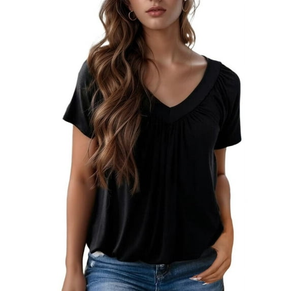 Womens Short Sleeve Casual Tops Dressy V Neck T Shirts Loose Fit Summer Pleated Blouses