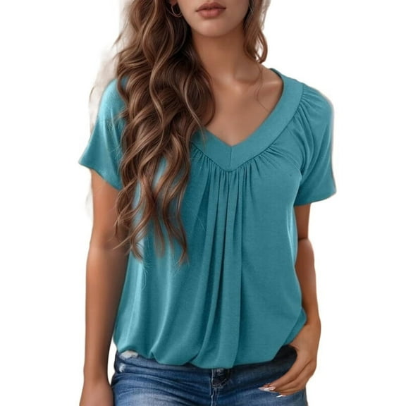 Womens Short Sleeve Casual Tops Dressy V Neck T Shirts Loose Fit Summer Pleated Blouses Lake green S