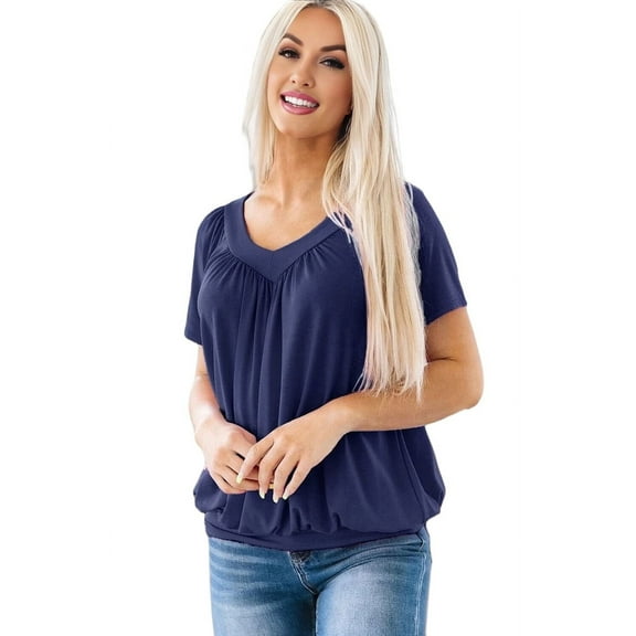 Womens Short Sleeve Casual Tops Dressy V Neck T Shirts Loose Fit Summer Pleated Blouses Navy blue XL