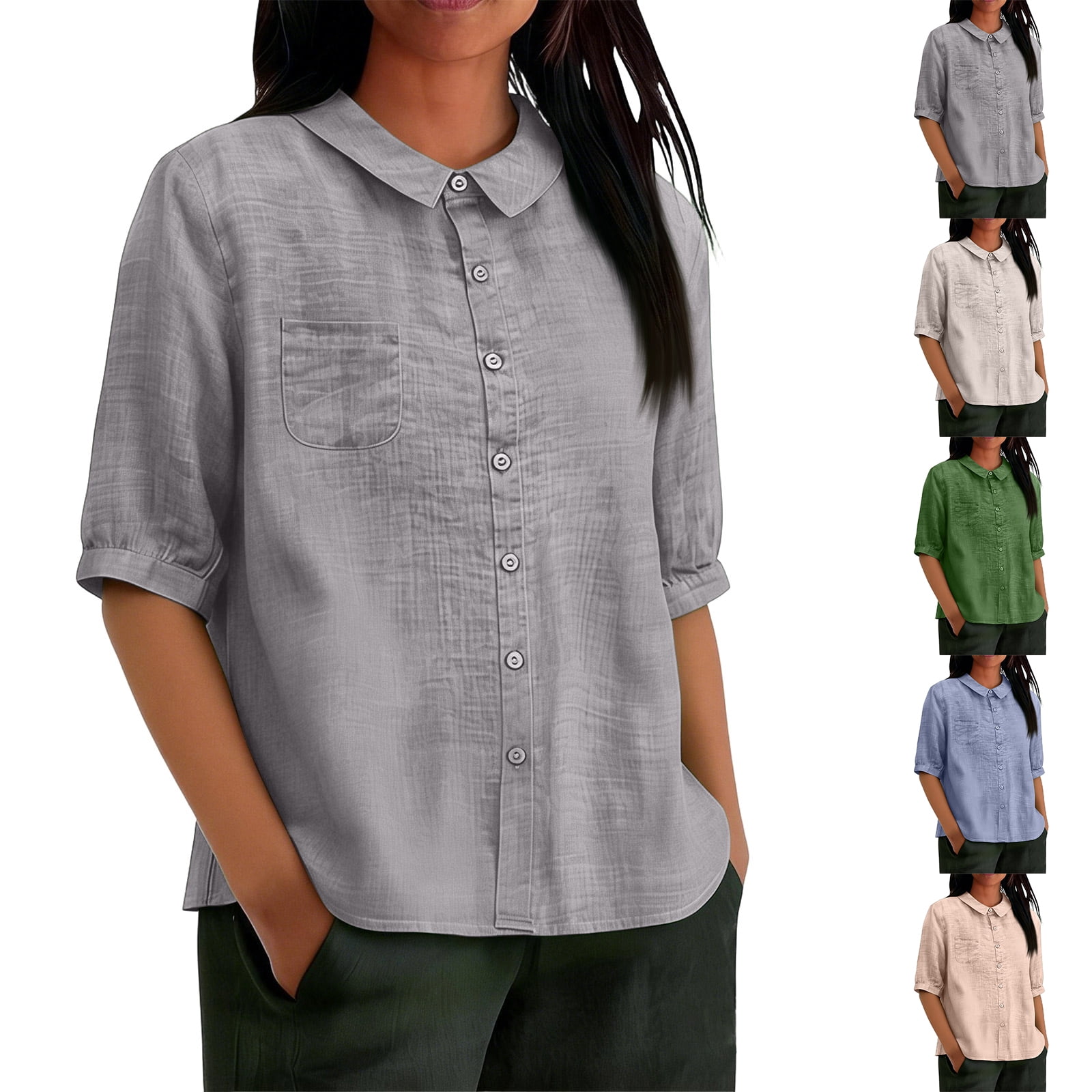 Womens Short Sleeve Cotton Button Down Up Shirt Collared V Neck Tops ...