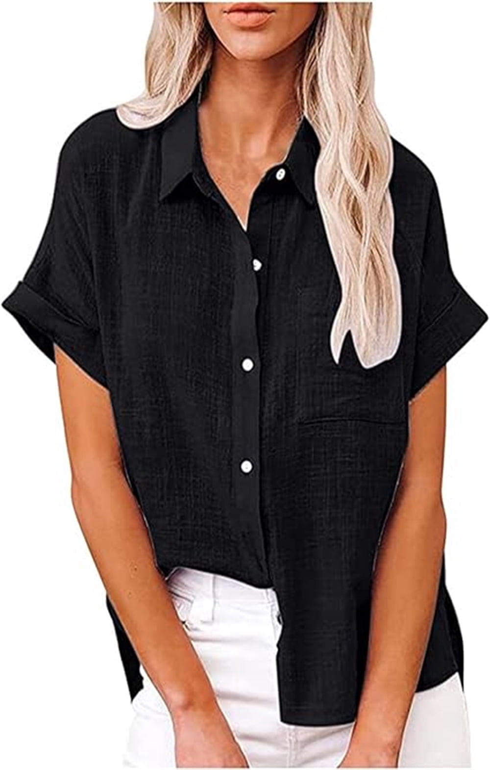 Womens Short Sleeve Cotton Button Down Up Shirt Summer Collared ...