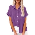 thumbnail image 1 of Womens Short Sleeve Cotton Button Down Up Shirt Summer Collared Collared V-Neck Loose Fit Blouse Casual Collared Plain Beach Office with Pockets Lightweight Tops, 1 of 5