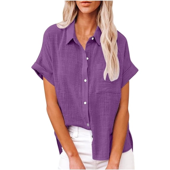 Womens Short Sleeve Cotton Button Down Up Shirt Summer Collared Collared V-Neck Loose Fit Blouse Casual Collared Plain Beach Office with Pockets Lightweight Tops