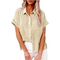 thumbnail image 1 of Womens Short Sleeve Cotton Button Down Up Shirt Summer Collared Collared V-Neck Loose Fit Blouse Casual Collared Plain Beach Office with Pockets Lightweight Tops, 1 of 5
