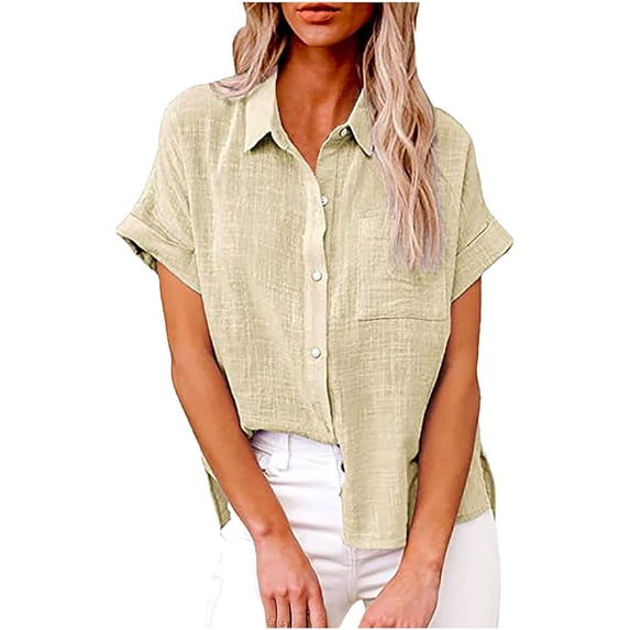 Womens Short Sleeve Cotton Button Down Up Shirt Summer Collared Collared V-Neck Loose Fit Blouse Casual Collared Plain Beach Office with Pockets Lightweight Tops