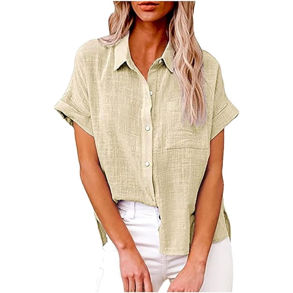 Womens Short Sleeve Cotton Button Down Up Shirt Summer Collared Collared V-Neck Loose Fit Blouse Casual Collared Plain Beach Office with Pockets Lightweight Tops