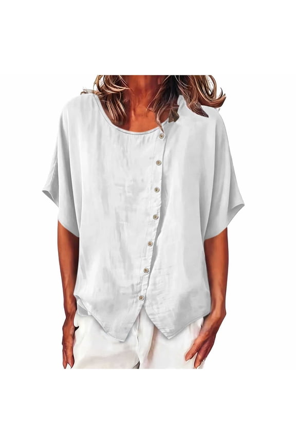 Womens Short Sleeve Cotton Linen Blouses Round Neck Loose Fit Asymmetrical Button Decor Casual Flowy Tunics Summer 2026 Fashion