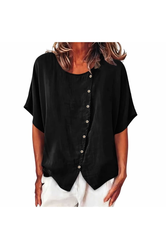 Womens Short Sleeve Cotton Linen Blouses Round Neck Loose Fit Asymmetrical Button Decor Casual Flowy Tunics Summer 2026 Fashion