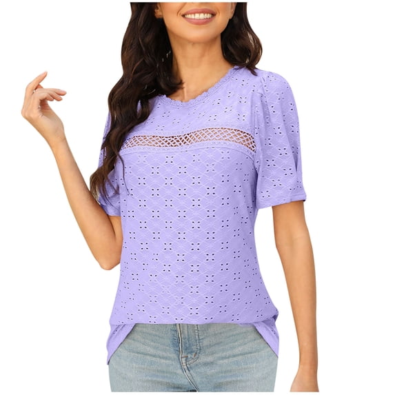 Womens Short Sleeve Crew Neck Shirts Eyelet T Shirts for Women Fashion Casual Loose Solid Color Elegant T-Shirt (Purple L)