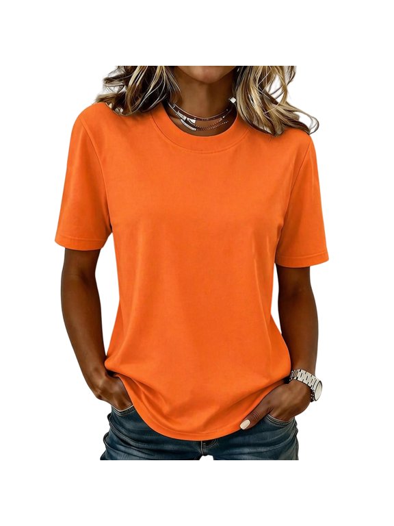 Womens Short Sleeve Crew Neck T-Shirts,Soft Cotton Blend Relaxed Fit Summer Basic Tee for Outings Saffron S