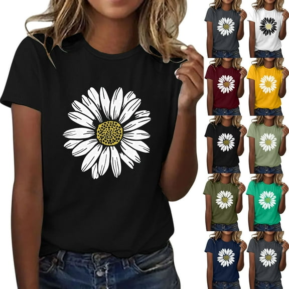 Womens Short Sleeve Crew Neck T Shirts Sunflower Summer T Shirt Plus Size Loose Blouse Tops Girl Graphic Casual Tees Womens Summer Casual Dressy Tops, S-2XL