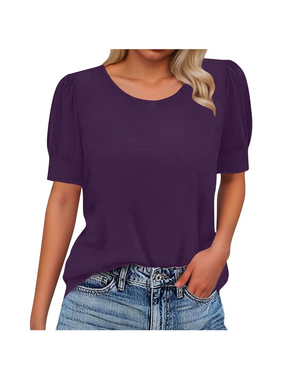 Womens Short Sleeve Crewneck T-Shirt Casual Regular Fit Puff Sleeve Tops Elegant Summer Shirts Business Blouse