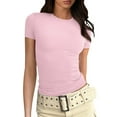 thumbnail image 1 of Womens Short Sleeve Crop Tops Athletic Juniors Layering Workout Tops Y2k Outfit Thermal Crew Neck Tight Shirt Trendy Slim Fitted Teen Girls Athletic Basic Tee Pink L, 1 of 8