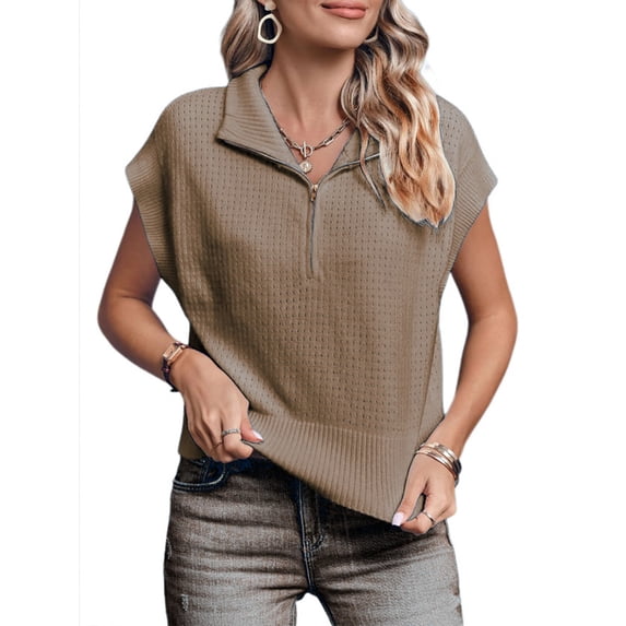 Womens Short Sleeve Cropped Knit Tops Half Zip Cap Sleeve Lightweight Oversized Sweater Vest