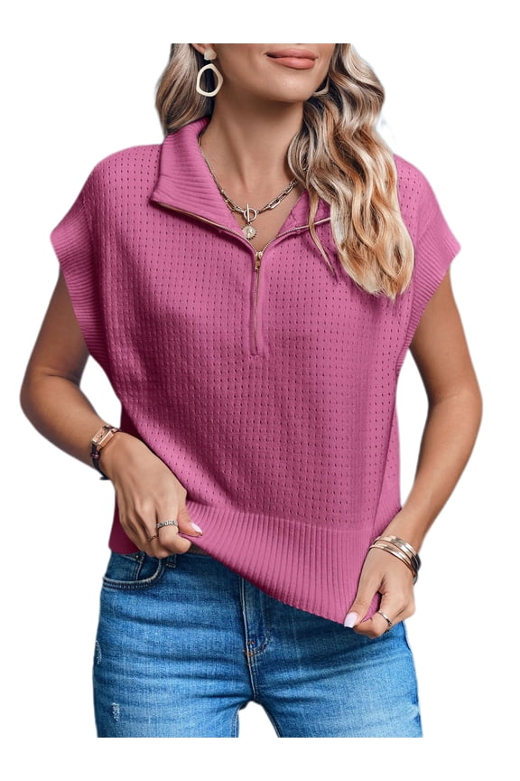 Womens Short Sleeve Cropped Knit Tops Half Zip Cap Sleeve Lightweight Oversized Sweater Vest
