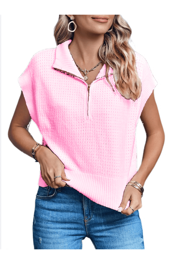 Womens Short Sleeve Cropped Knit Tops Half Zip Cap Sleeve Lightweight Oversized Sweater Vest