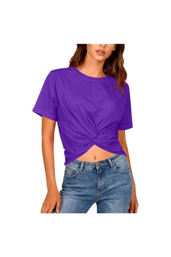 Womens Short Sleeve Cropped T-Shirts Summer Casual Crew Neck Twist Front Crop Tops Ladies Cute Casual Basic Tees