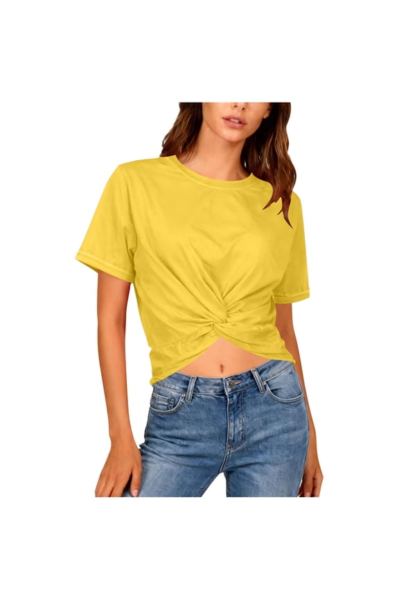 Womens Short Sleeve Cropped T-Shirts Summer Casual Crew Neck Twist Front Crop Tops Ladies Cute Casual Basic Tees