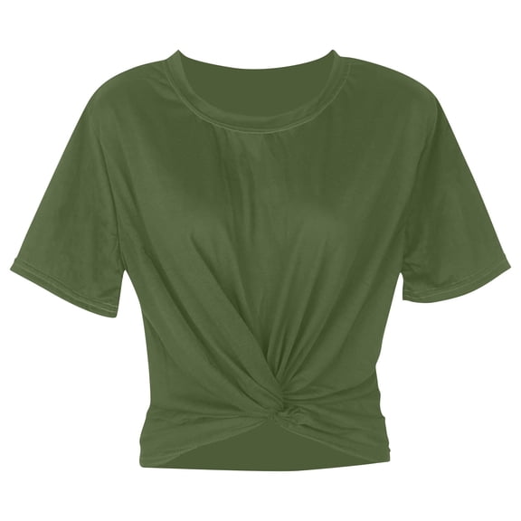 Womens Short Sleeve Cropped T-Shirts Summer Casual Crew Neck Twist Front Crop Tops Ladies Cute Casual Basic Tees