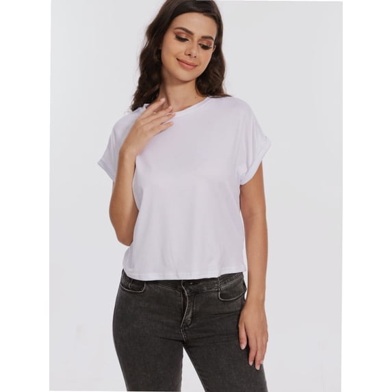 Womens Short Sleeve Cropped T-shirts Summer Rolled Dolman Sleeve Crop Tops Casual Round Neck Solid Short Basic Tees