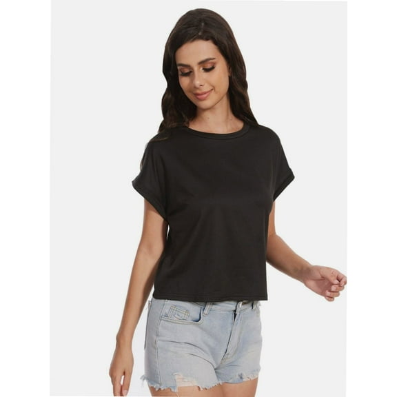 Womens Short Sleeve Cropped T-shirts Summer Rolled Dolman Sleeve Crop Tops Casual Round Neck Solid Short Basic Tees