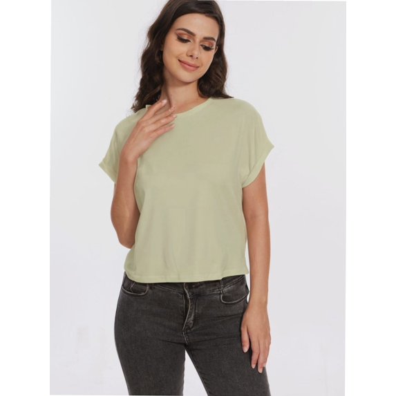 Womens Short Sleeve Cropped T-shirts Summer Rolled Dolman Sleeve Crop Tops Casual Round Neck Solid Short Basic Tees