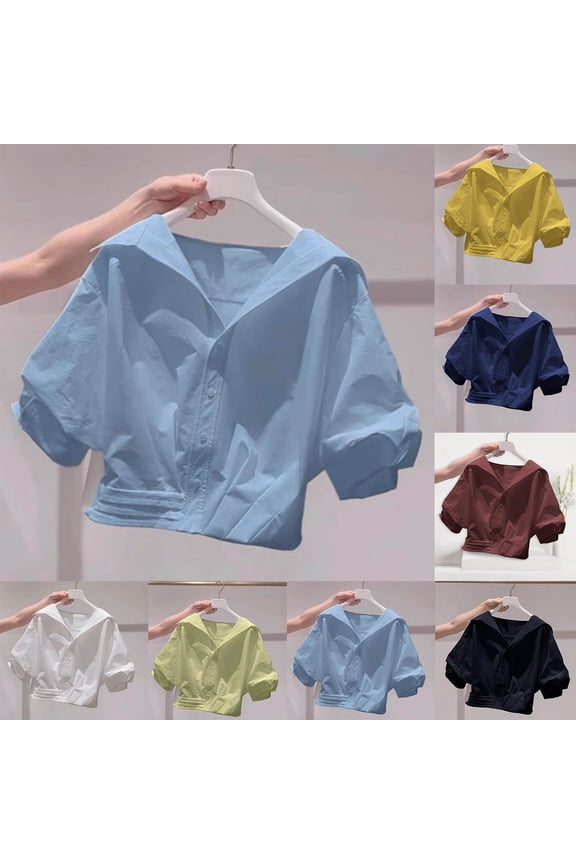 Womens Short Sleeve Cropped Tops Dressy Casual Solid Button Down Blouse Collared Shirt Crop Graphic Tee M-3XL