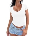 thumbnail image 1 of Womens Short Sleeve Deep V Neck Tops Shirts Fitted Cotton Summer Tshirt Tee White XL, 1 of 9