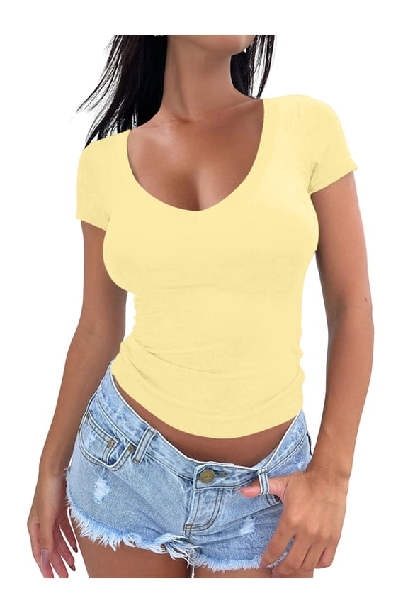 Womens Short Sleeve Deep V Neck Tops Shirts Fitted Cotton Summer Tshirt Tee Yellow XL
